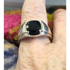 Men's Sterling Silver 925 Black Onyx & CZ Gemstones Ring Size 12 Cushion 10X10mm
